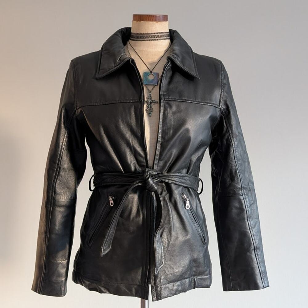 Vintage Black Genuine Leather Trench Coat Minimalist Goth Duster Jacket Small